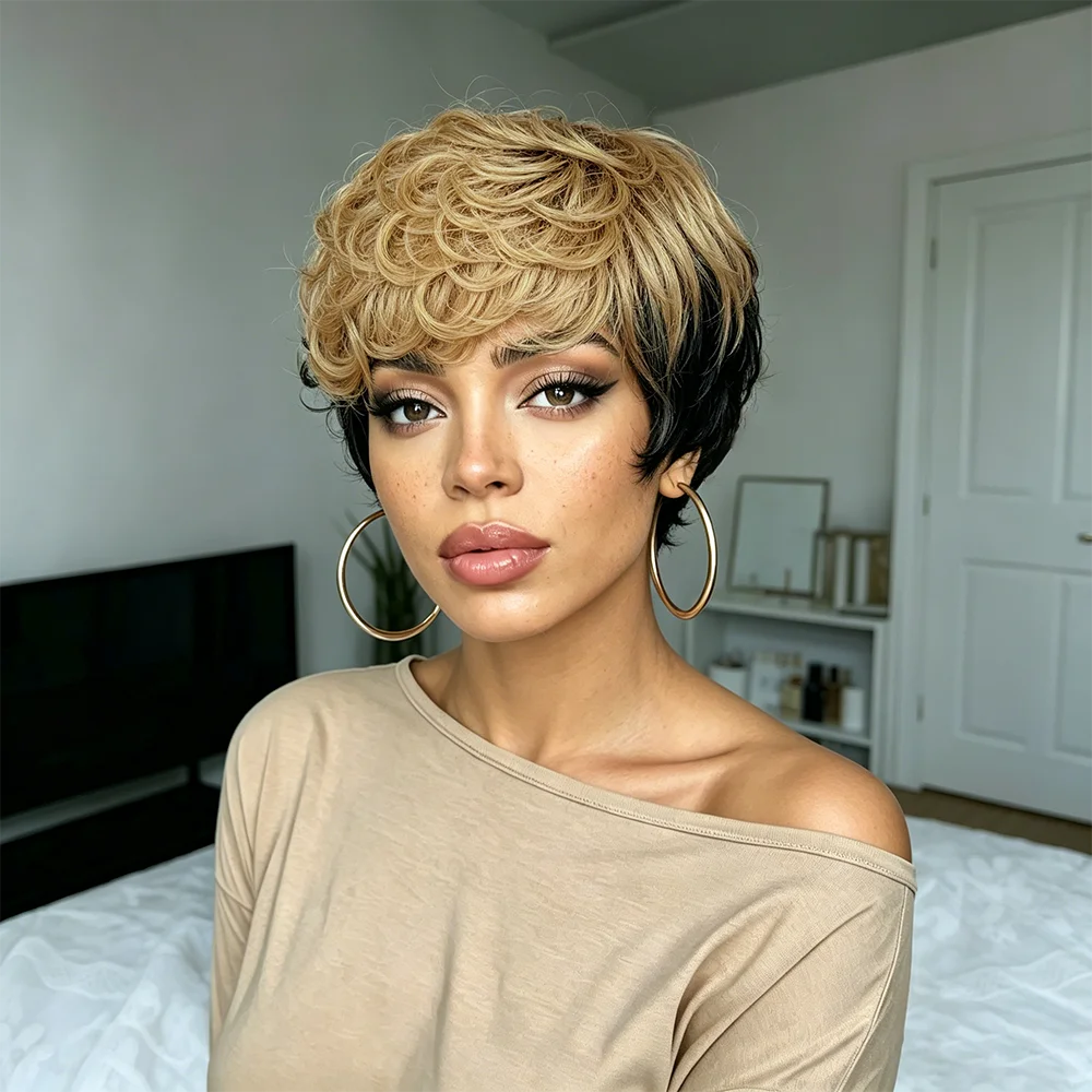 Afro Kinky Curly Bob Wig Human Hair Black Champagne Color Hair With Bangs Machine Made Affordable Remy Fluffy Human Hair Wig