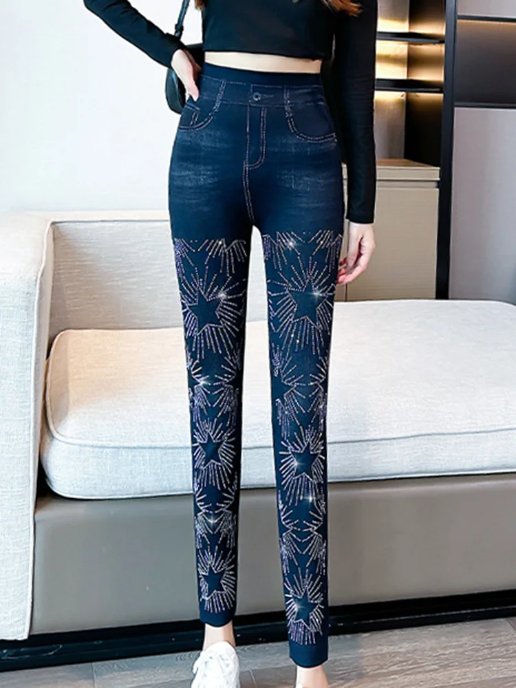 Fahsion-calças lápis jeans para mulheres, estilo listras estrela, leggings sexy, calças casuais, calças skinny, novas