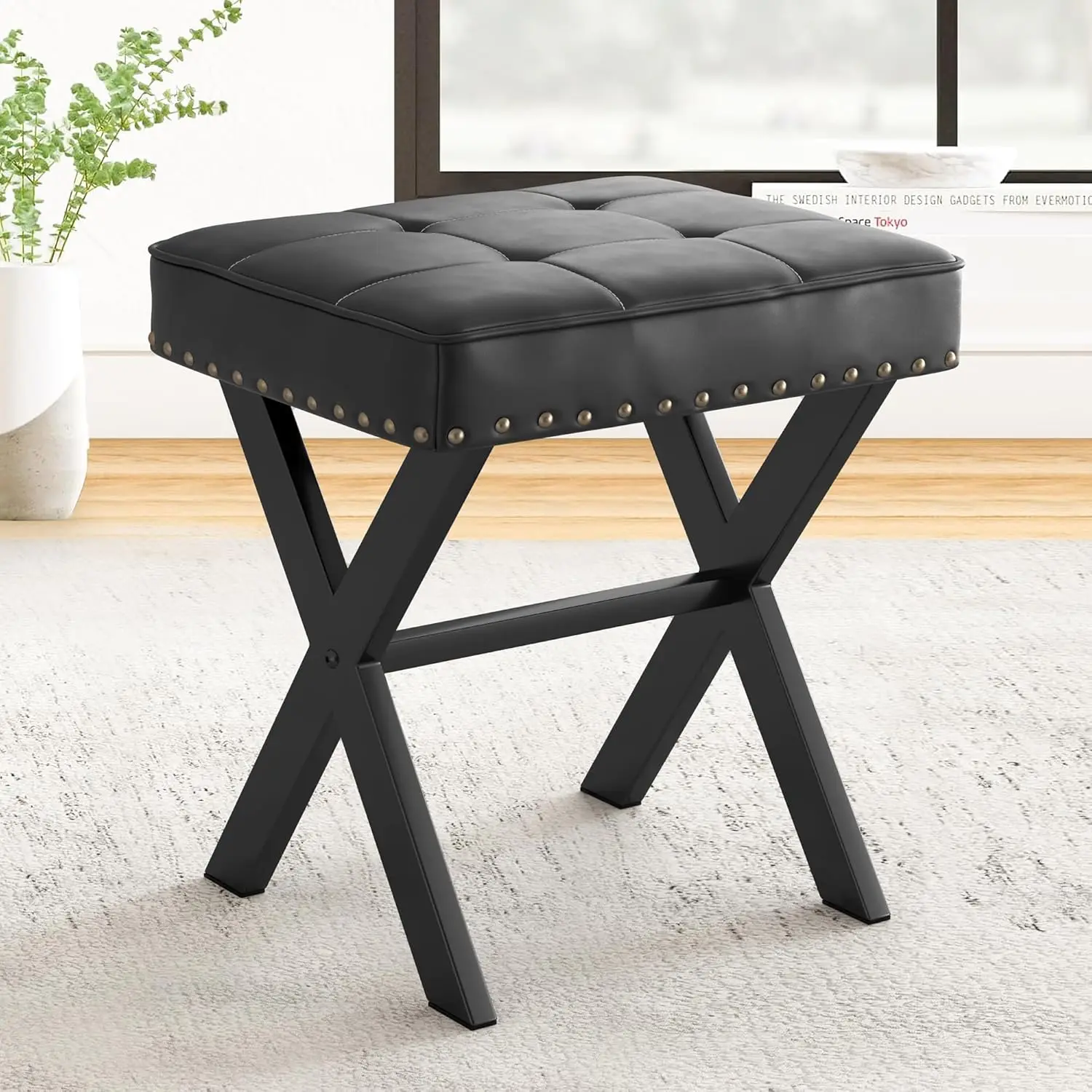 

Faux Leather Vanity Stool with Metal X Legs, Square Ottoman for Makeup Room, Living Room, Black