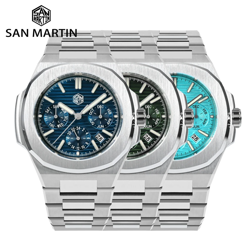 San Martin Miyota 9120 Multi-function Mens Luxury Watch 43mm Classic Business Automatic Mechanical Watches for Men 10Bar BGW-9