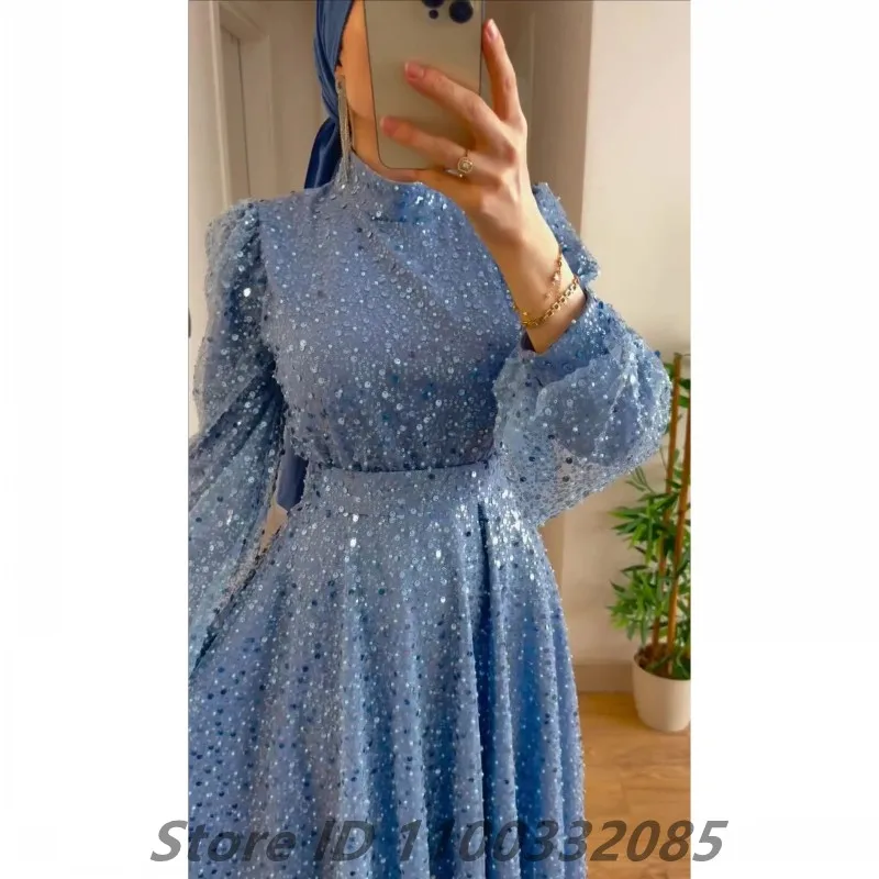 Eightale Customized 2025 Sky Blue Sequins High Neck A Line Long Sleeve Arabic Prom Dress Evening Dress Formal Party Gown