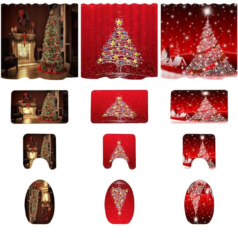 

Christmas Shower Curtains Set Fast Drying Christmas Tree Shower Curtains Set Creative Shower Drapes Non-Slip Bath Mat For Home