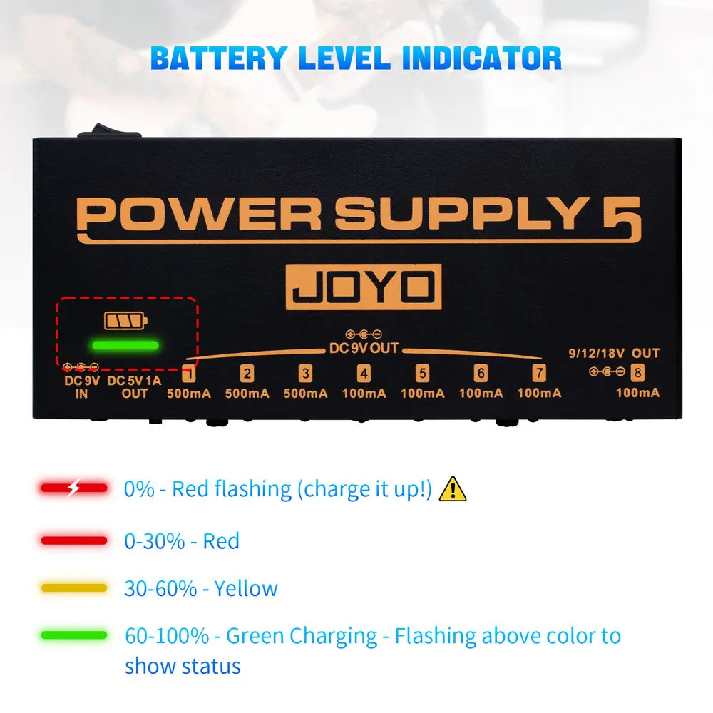 jo yo JP-05 Guitar Pedal Power Supply Built-in 4400mAh Battery 8 Outputs 9V/12V/18V & 5V/1A USB Port for Guitar Pedal Power