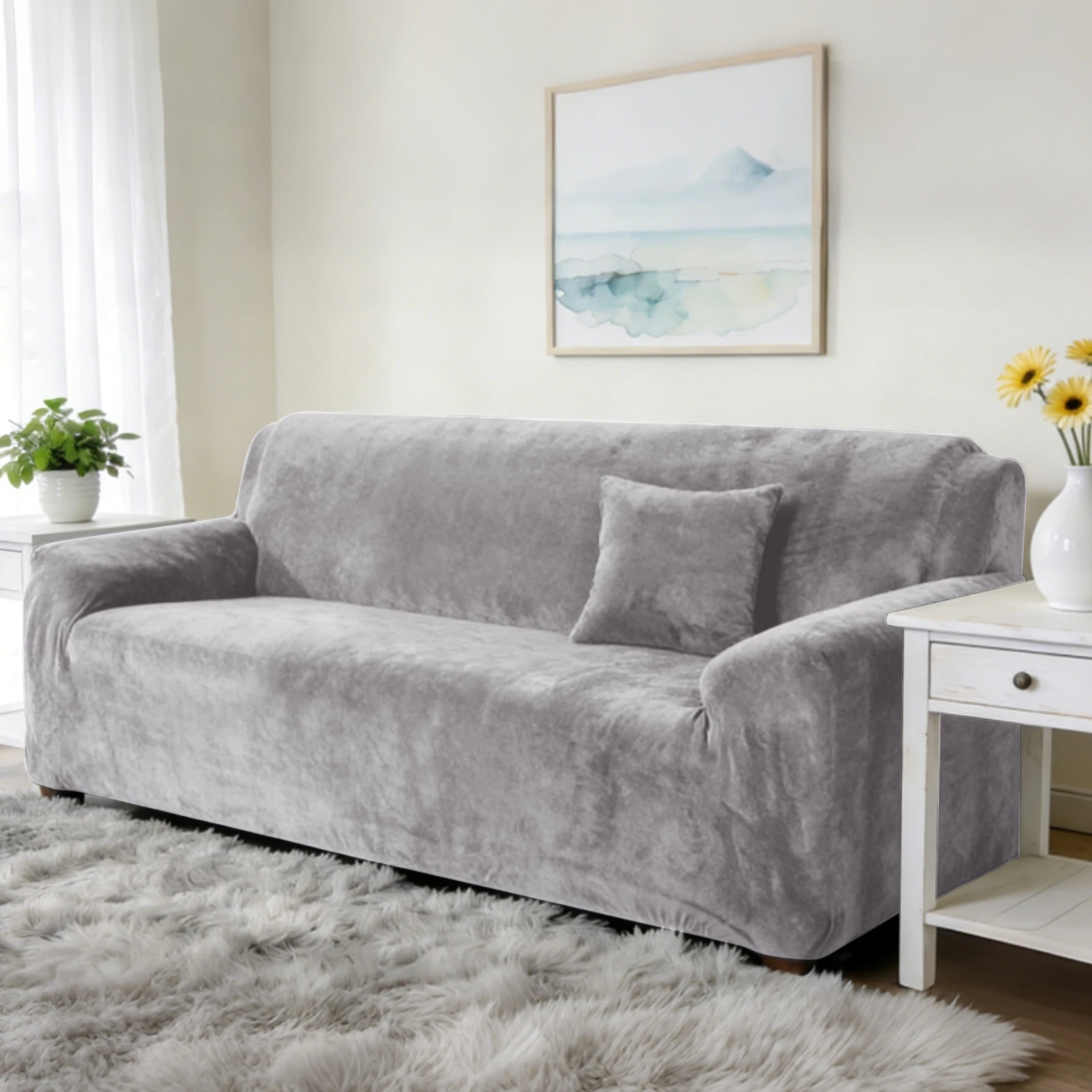1pc Plush Sofa Covers Stretch Velvet Couch Covers Living Room Furniture Protector Home Decor With Non Slip Elastic Bottom