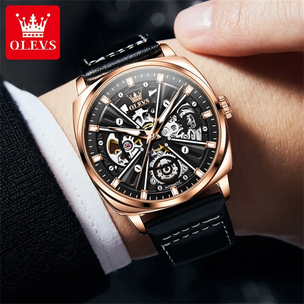 OLEVS 6685 Hollow out Mechanical Men Automatic Watch Leather Top Brand Stainless Steel Waterproof Luminous Men Formal Watch Relo