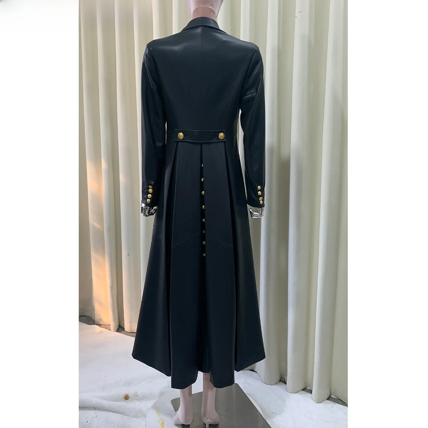 Nerazzurri High Quality Elegant Long Ladies PU Leather Soft Leather Coat Slim Fit Black Jacket for Women with Pocket And Butt...