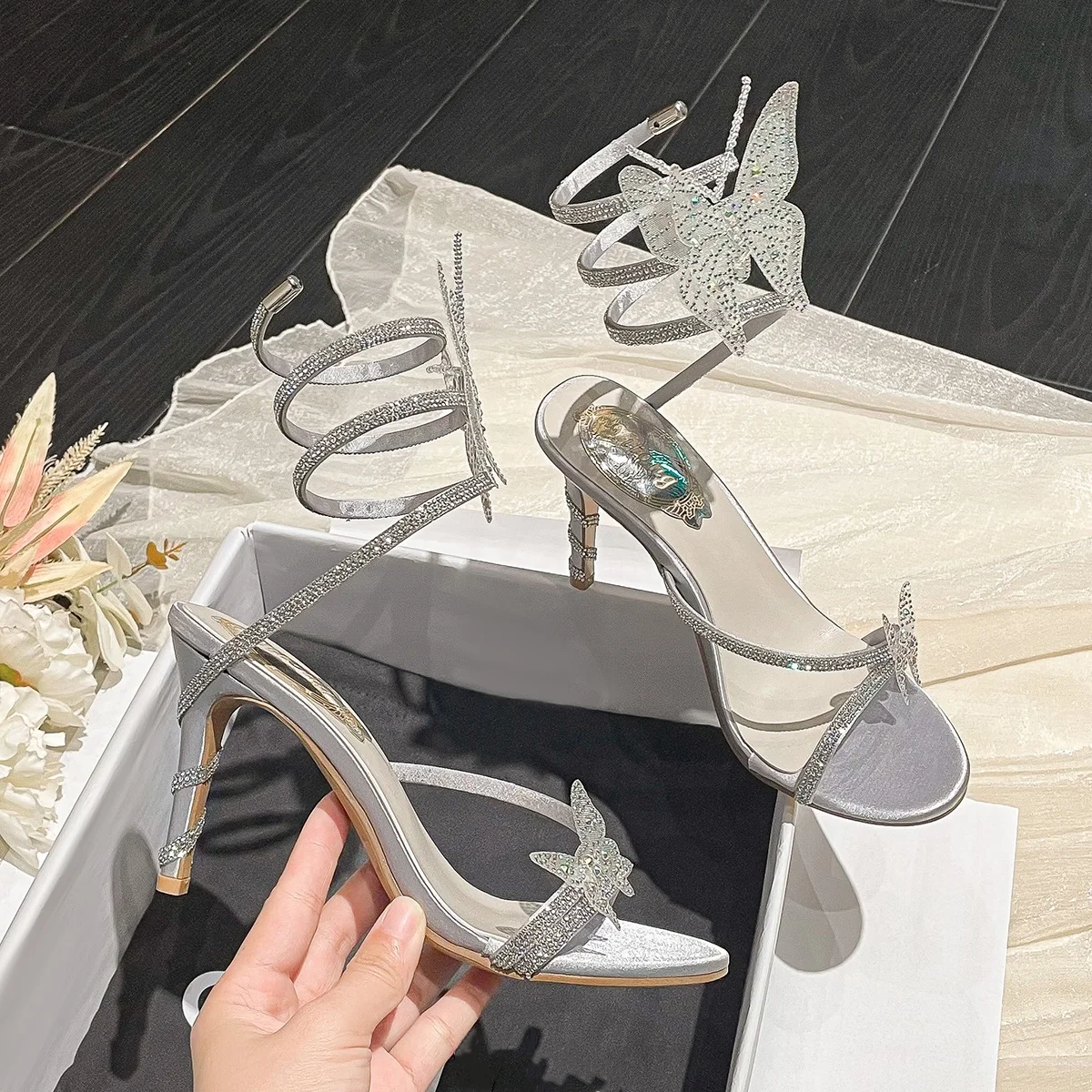 2024 Summer Luxury Women\'s Rhinestone Butterfly Silver Apricot Fashion High Heel Sandals Wedding Banquet Dress Bridal Shoes