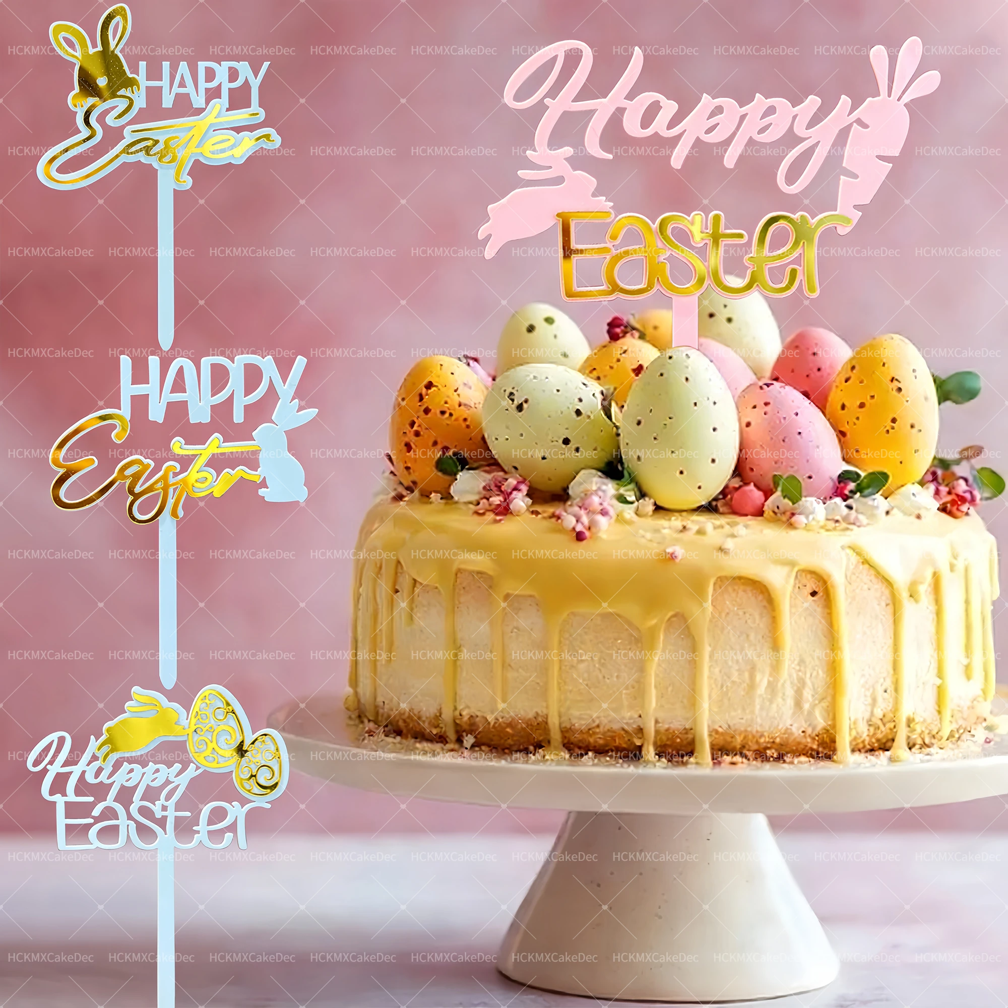 3er/6er-Set Blaue & Rosa Frohe Ostern Tortendekoration Acryl Häschen-Ei Kuchendekoration für Oster-Party-Zubehör