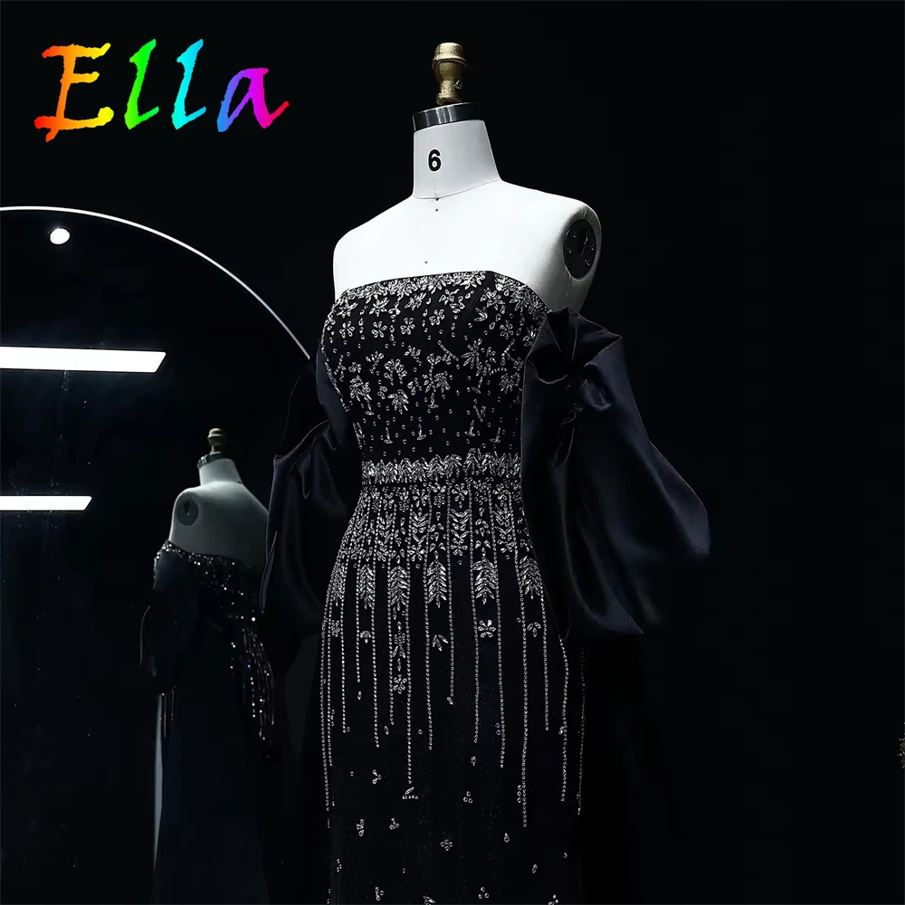 Maßgeschneidertes durchsichtiges schwarzes Tüll-Abendkleid, modernes trägerloses Heimkehrkleid, luxuriöse Kristall-Kleider für besondere Anlässe