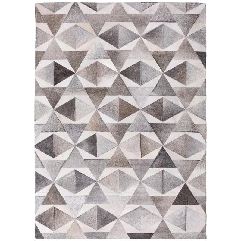 Natural Cowhide Living Room Carpet 3D Geometry Stitching Cow Fur Real Skin Area Rug for Bedroom Study Cloakroom Floor Mat