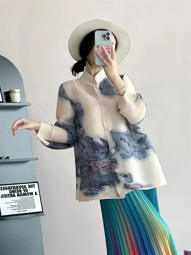 Miyake Pleated 2024 New Autumn Fashion Versatile Printed Jacket Women\'s Loose Stand-up Collar Single-breasted Cardigan Top