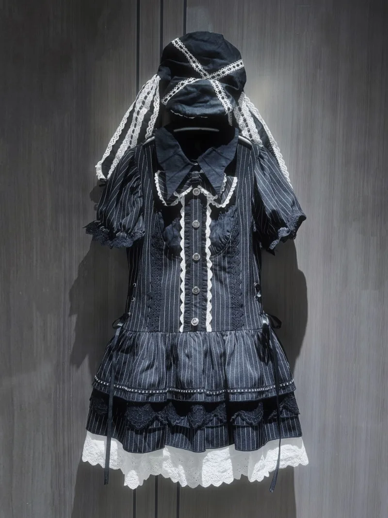 Japanese Dark Black Style Original Design Single-breasted Vestidos Subculture Bat Collar Bow Waist Strap Bubble Sleeves Dress