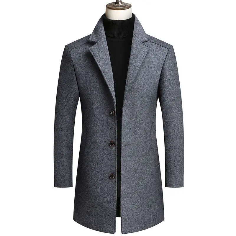 Autumn Winter Thickened Men's Woolen Coat Casual Suit Collar Mid-Length Windbreaker Regular Fit Zipper Closure Cotton 100%