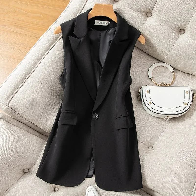 2024 Sleeveless Blazer Vest Women Elegant Office Lady Black Casual Long Vest Female Ladies Waistcoat Women Vest