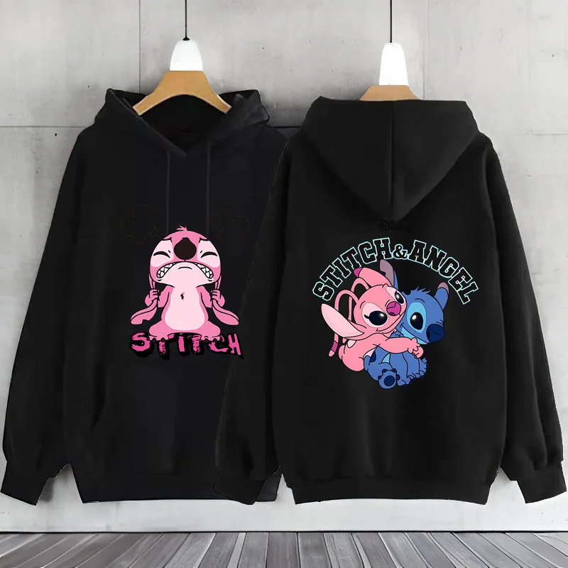 2026 Sudadera con capucha negra para mujer, sudadera de la marca Lilo & Stitch Disney, sudadera con capucha con bonito patrón de dibujos animados, Jack cálido de otoño/invierno