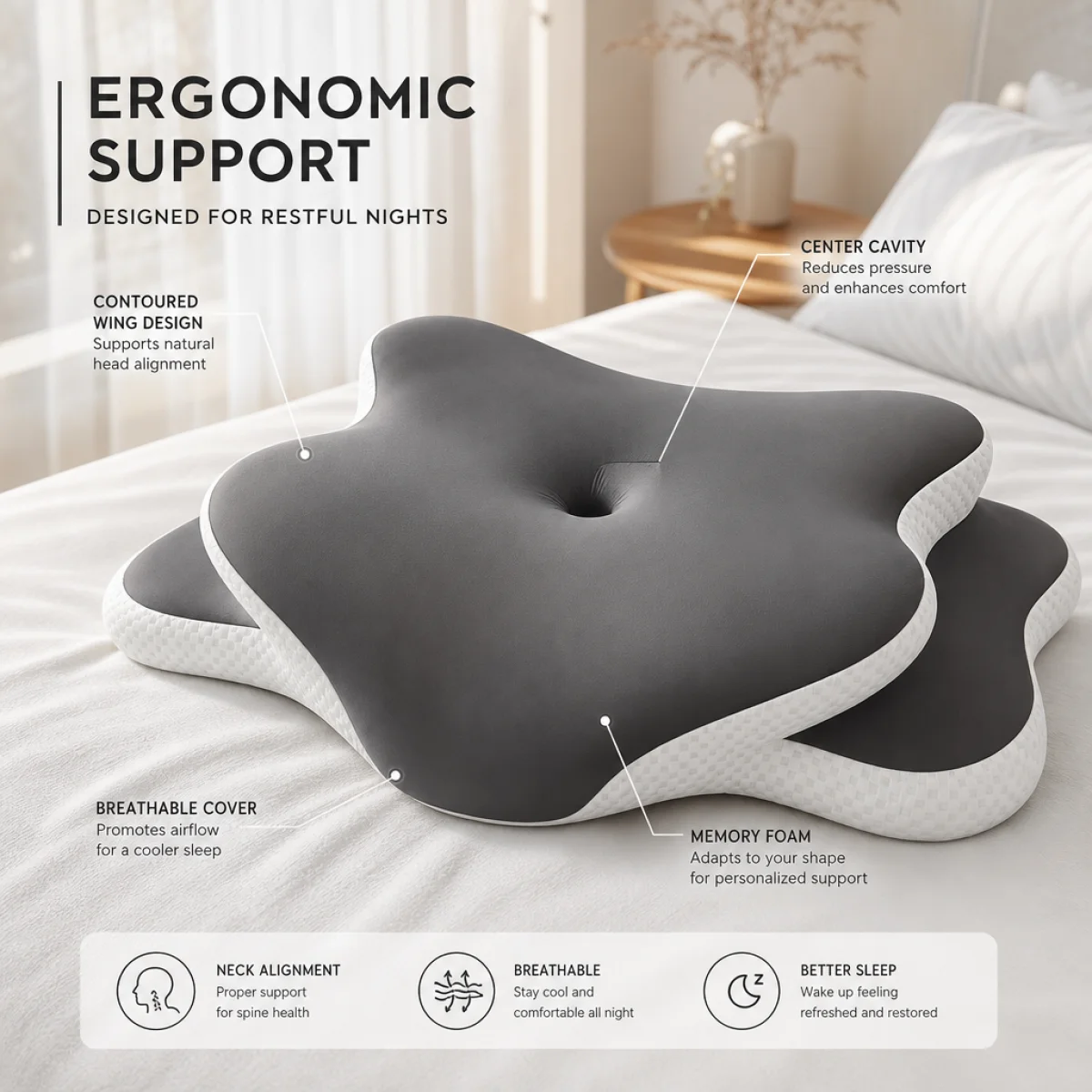 Ergonomic Butterfly Memory Foam Neck Pillow 3-Point Support for Head Neck & Shoulders Removable Washable Cover for Comfort