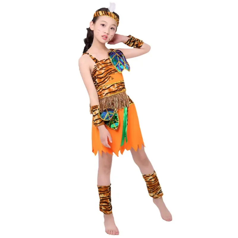 Halloween Party Cosplay Kostüm Kinder Savage Caveman Kostüme Junge Leopard Afrikanische Tribal Hunter Indische Kleidung Mädchen Junge