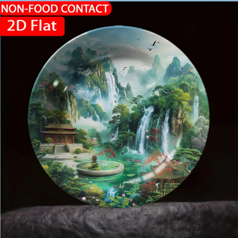 1pc Elegant Green Ceramic Plate - Non-Food Contact Suitable for Home Desk Decor, Waterfall Landscape Plate with Living Room,