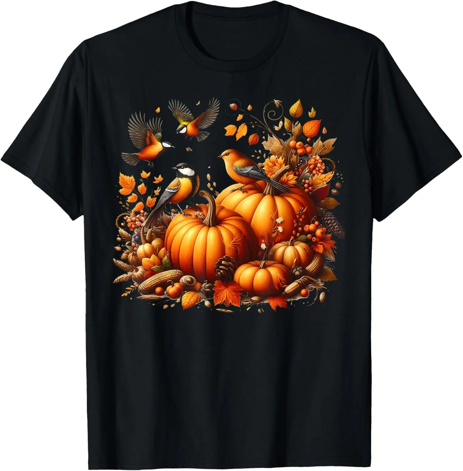 Retro Hummingbird Pumpkin Fall Season Thanksgiving T-Shirt 100% Cotton Trendy Y2K Short-Sleeve Tee – Soft, Quick-Drying, &