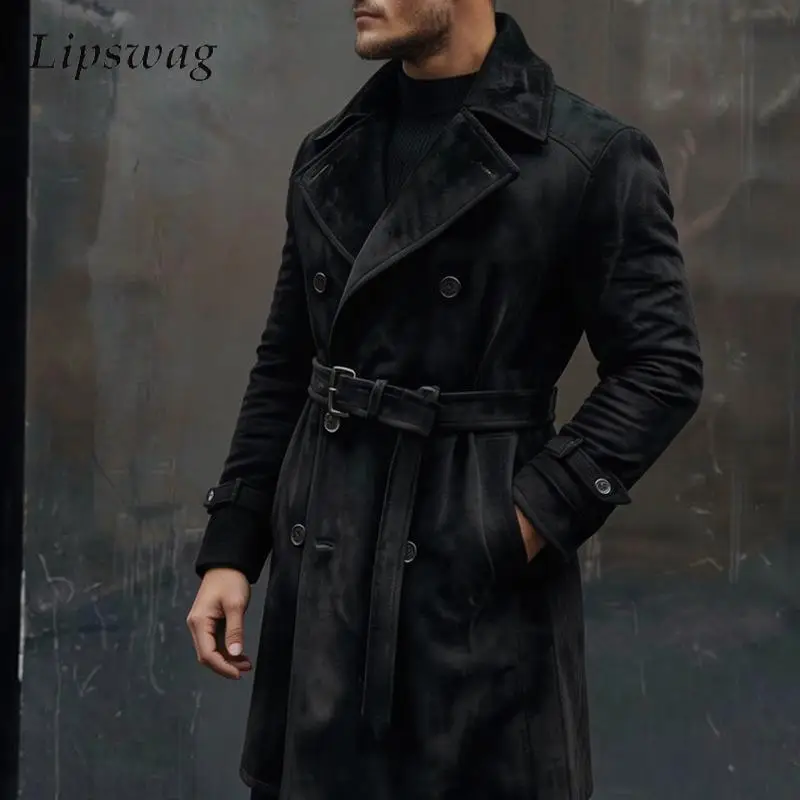 Vintage Suede‑Like Lapel Double‑Breasted Mid‑Long Coat Mens Adjustable Waist Belt Solid Color Wind‑Resistant Outerwear Men