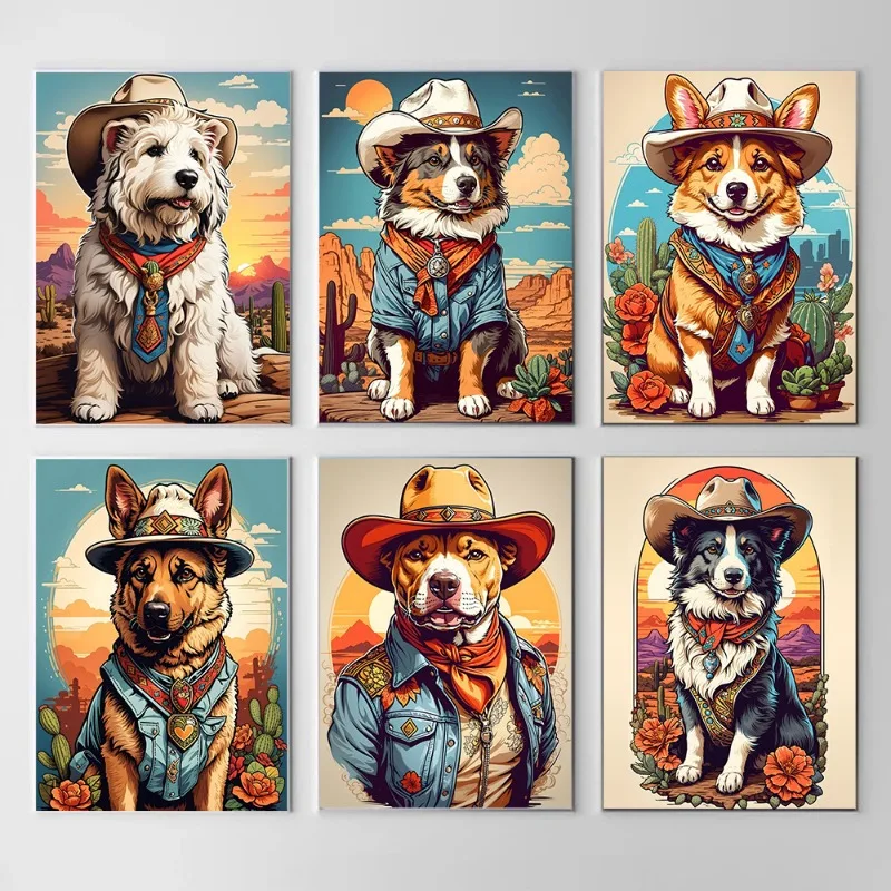 Funny Dogs Corgi Cowboy Posters Prints Canvas Painting Wall Art Sheepdog Border Collie Pitbull Dog Pictures for Room Home Decor