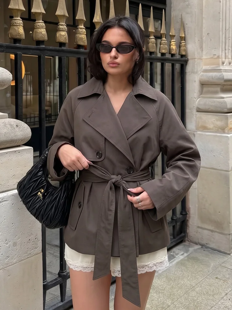 HH Women Fashion Lapel Brown Coat Long Sleeve Pocket Button Decoration Lace Up Jacket 2026 New Vintage Casual Street Outwear