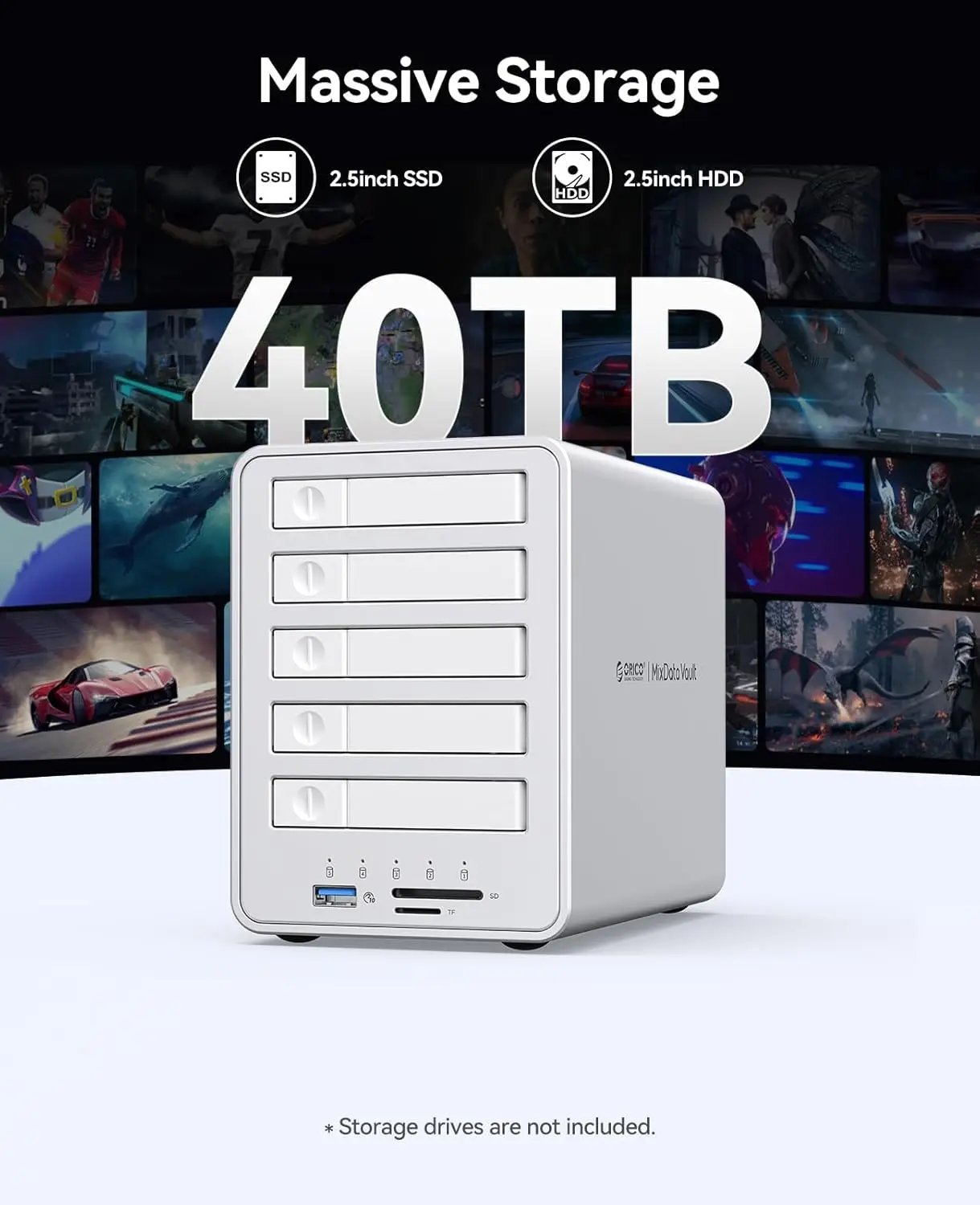 ORICO 5 Bay 10Gbps SATA HDD SSD Docking Station with 10Gbps USB 3.2 SD TF 3.0 Ports Cooling Fan Support RAID Daisy Chain