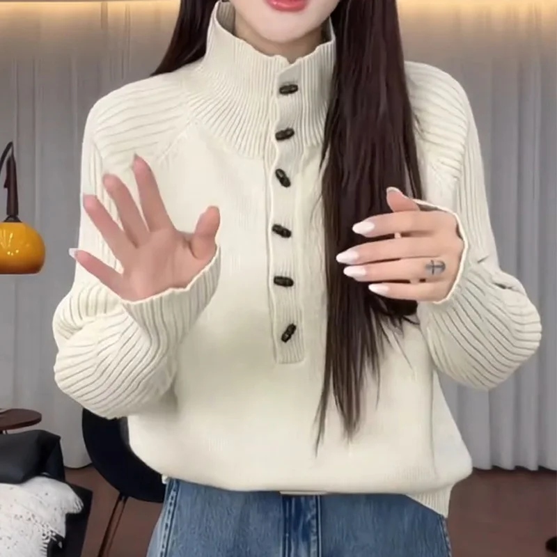 Korean Version Semi High Neck Knitted Sweater for Women 2026 Spring Autumn Winter New Fashion Loose Pullover Top Knitwear
