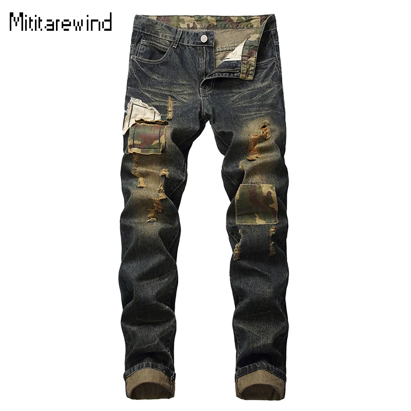 

High Street Ripped Jeans for Men Four Seasons Causal Denim Pants Distressed Patch Design Straight Jeans Fashion Youth Trousers