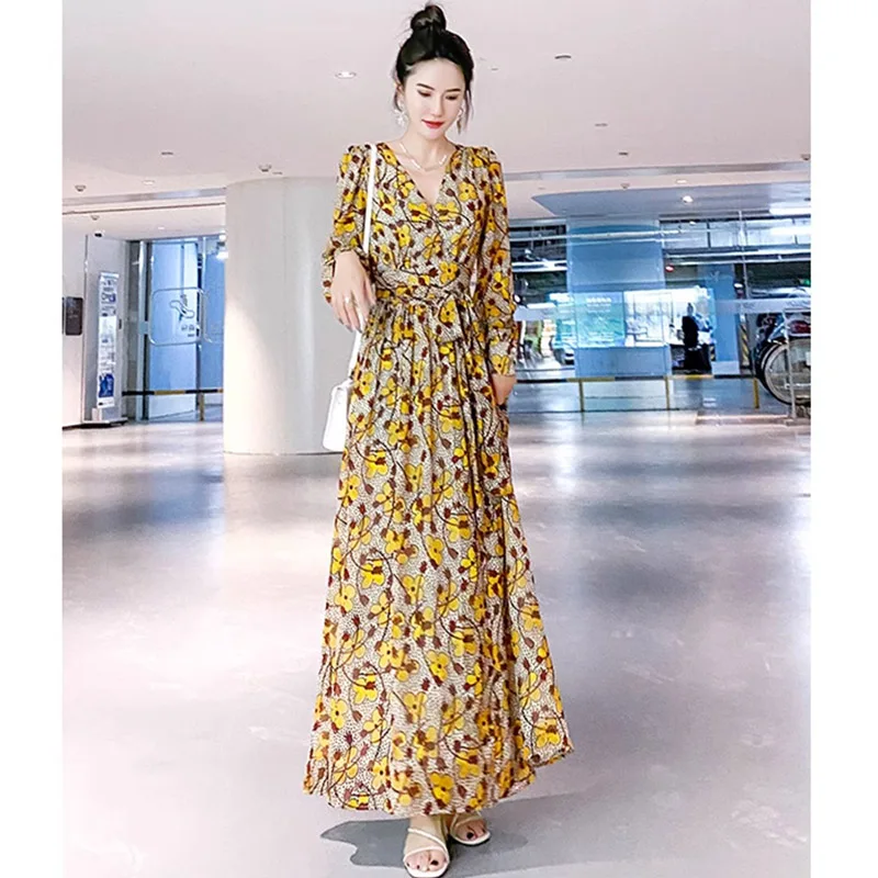 Spring 2024 New Floral Dress For Women V-Neck Fashion Elegant Long Dresses Female Vintage Full Sleeve Y2K Luxury Party Vestidos