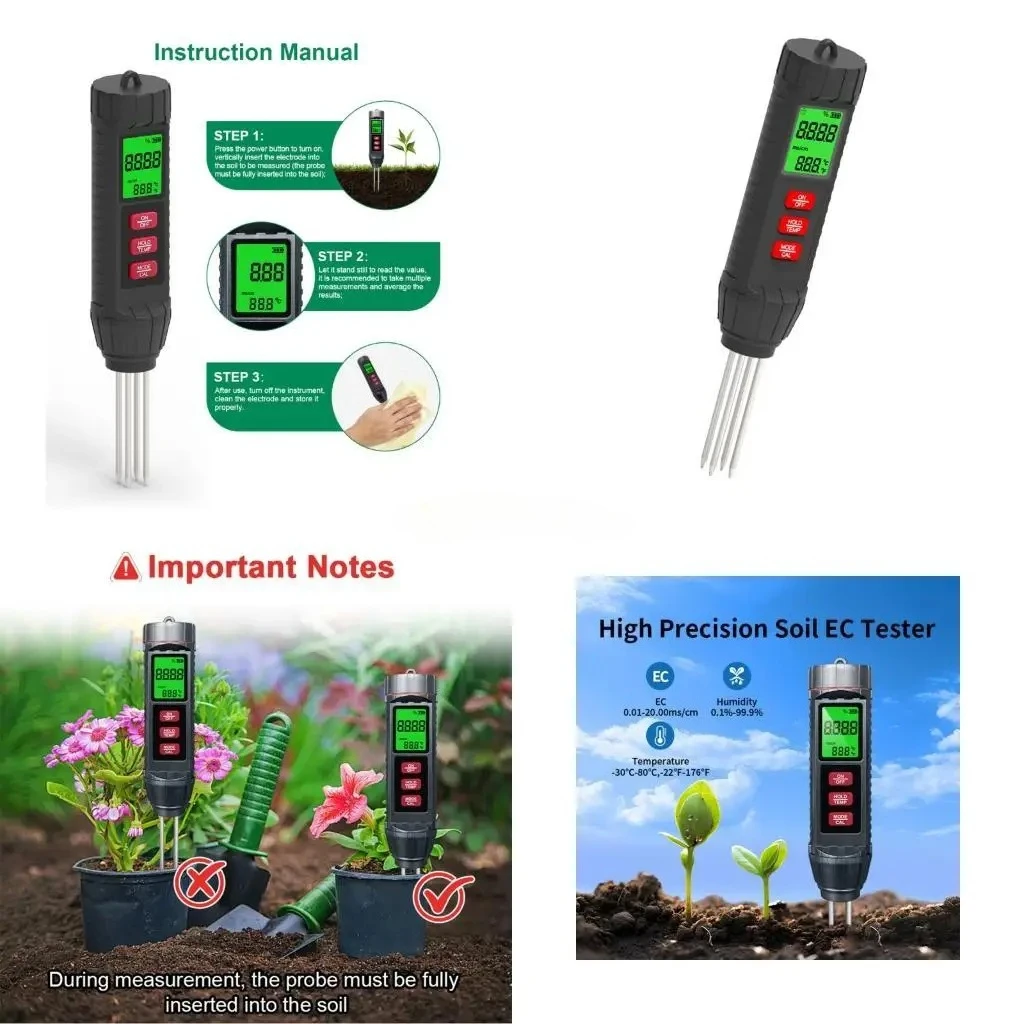 Soil EC Conductivity Tester Flower Plant Orchard Digital Display Soil Thermometer