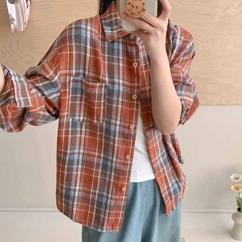 

Spring Autumn Plaid Blouse for Women Casual Loose Simple Classic Checked Shirt Coat Loose Long Sleeve Single-Breasted Shirts