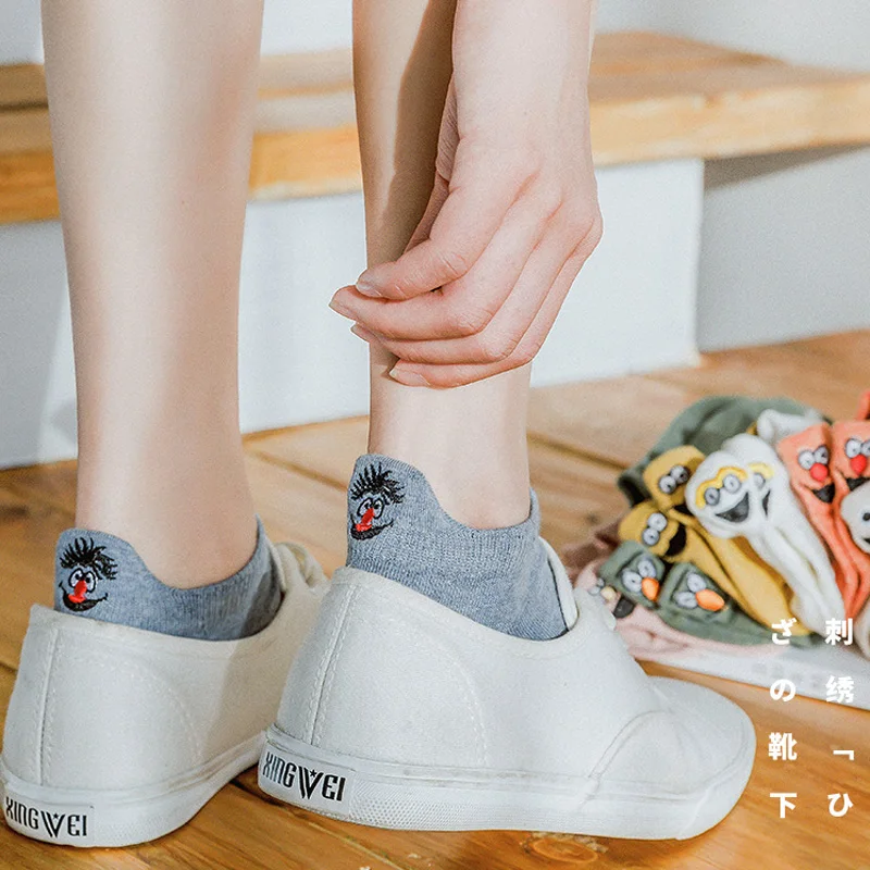 3 Pairs Women Funny Ankle Socks Cotton Cute Embroidered Low Cut Socks Kawaii Cartoon Expression Fashion Novelty Socks