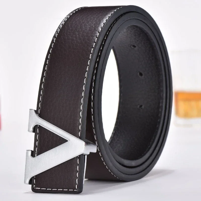 2024 Business Luxury Designer Brand V Buckle Belt Men High Quality Women Genuine Real Leather Dress Strap for Jeans Waistband