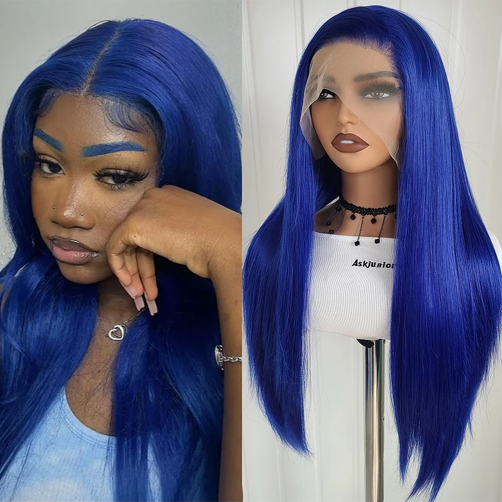 

AIMEYA Королевский синий синтетический парик шнурка для женщин Длинный прямой парик фронта шнурка Свободная часть термостойкого волокна Парик для косплея