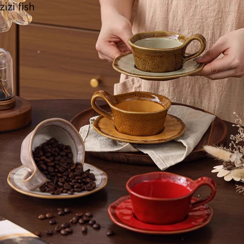 

Vintage Kiln Turned Ceramic Coffee Cup Breakfast Cups Dim Sum Dessert Plate Afternoon Tea Cup Milk Mug Water Cups Tea Mug