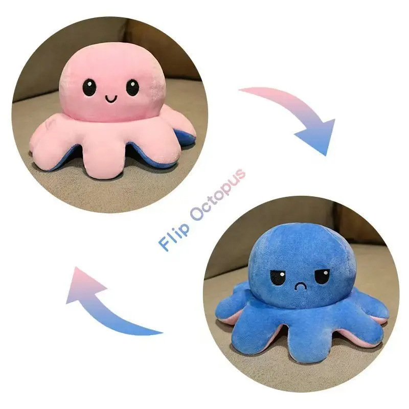 18/28/48cm Niedlicher Wendbarer Stimmungs-Oktopus Plüschtier, Doppelseitiges Flip-Oktopus-Kissen, Weiches Stofftier, Heim- und Raumdekoration, Geschenk