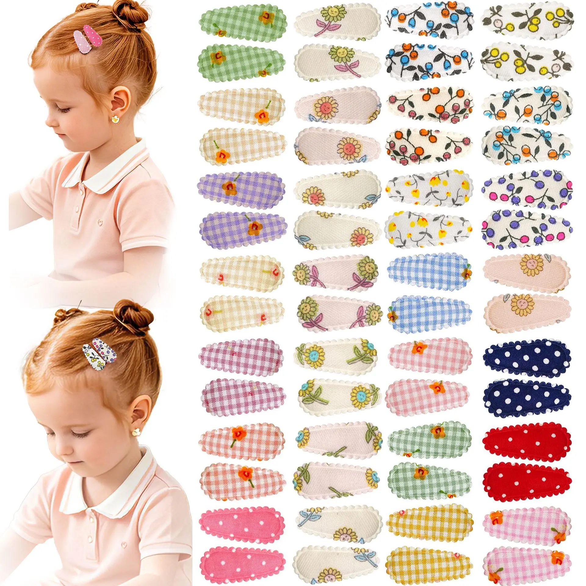 200pc 1.4” Dot Spot Plaid Floral Print Snap Hair Clips for Kids Girls Embroidery Hairpins Snap Hair Pins Baby BB Berrettes Bulk