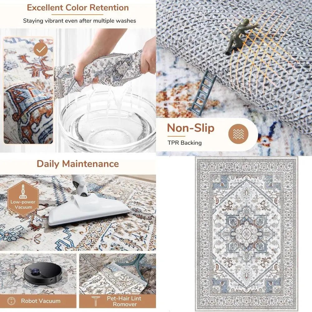 

Кремово-белые и синие коврики 6x9 с светло-коричневыми акцентами, нескользящий и моющийся ковер из искусственного кашемира с низким ворсом