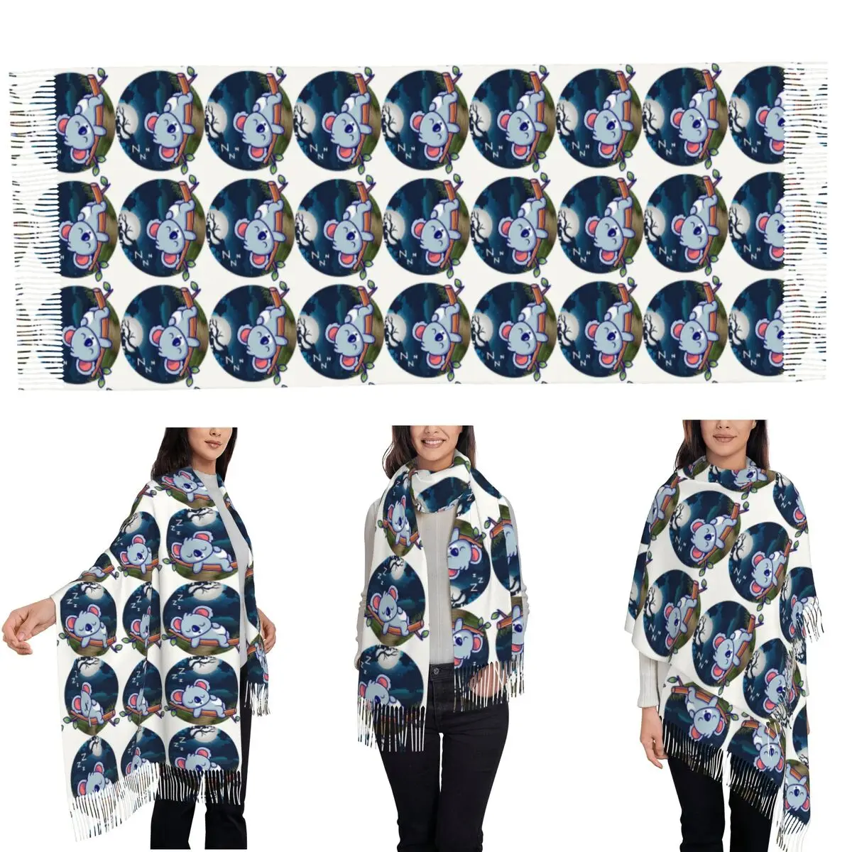 Cute Baby Koala Sleeping Good Night Scarf Tassel Scarves for Women Soft Warm Shawls and Wraps Long Fall Winter Shawl Wrap