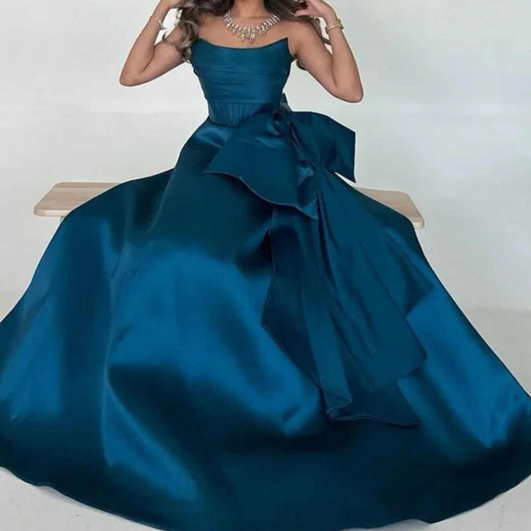 فساتين حفلة موسيقية ساحرة على شكل حرف A في المملكة العربية السعودية بدون حمالات بفيونكة كبيرة مناسبة رسمية فساتين سهرة للنساء حسب الطلب