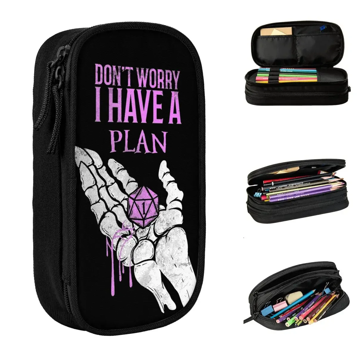 

DND Don T Worry I Have A Plan Pencil Case Dungeon Dragon Pencilcases Pen Box for Girl Boy Large Storage Bags Students Stationery