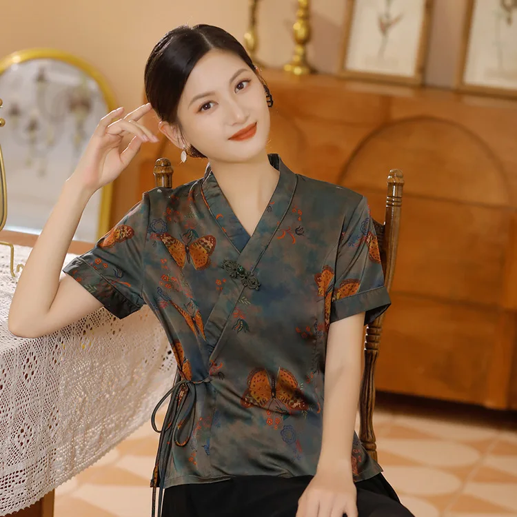 Vintage Chinese Mandarin Collar Tang Shirt Women Traditional Top Flower Print Performance Clothing Hand Button Satin Blouse