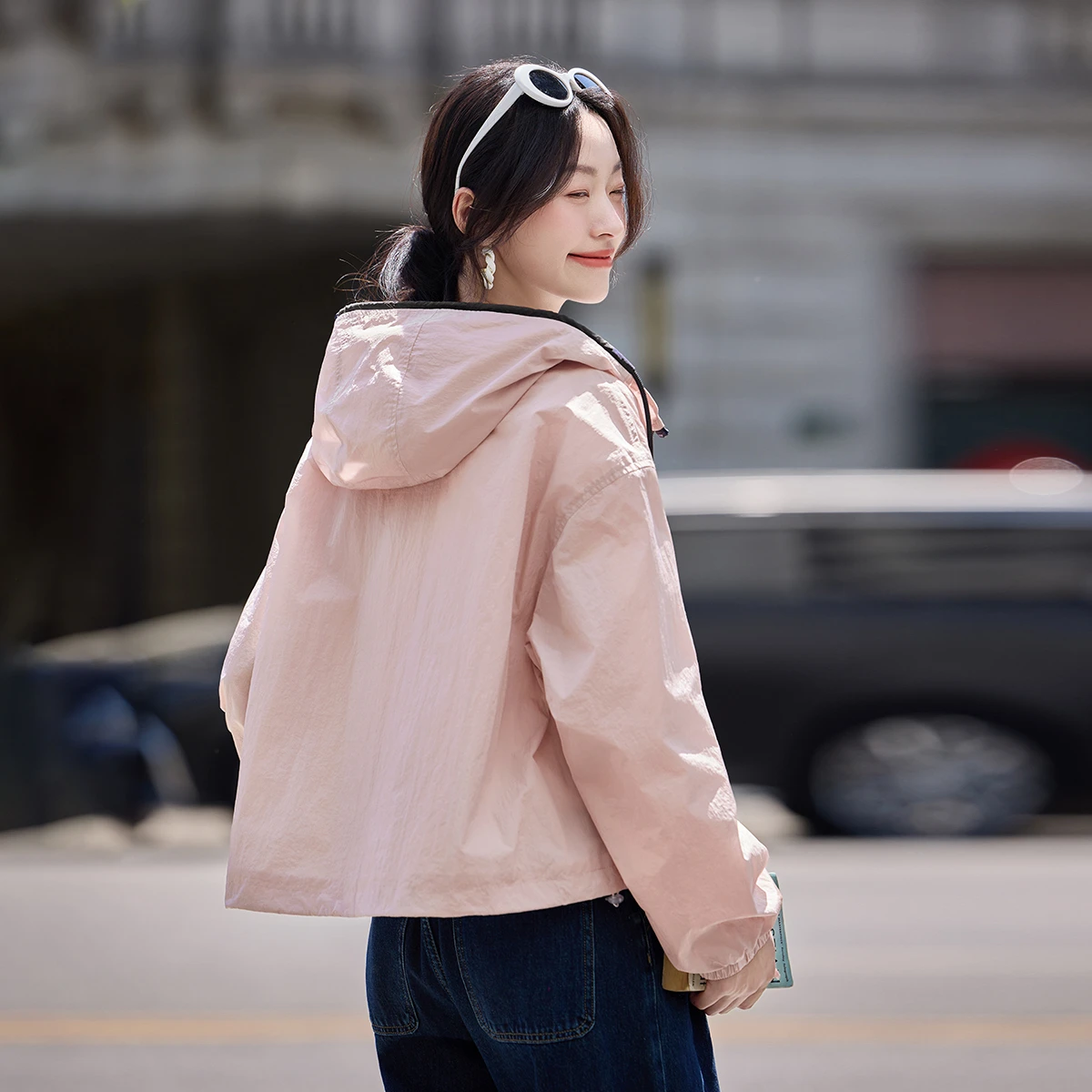 سترة صيفية عصرية للسيدات من SENTUBILA لعام 2025 سترة غير رسمية بقلنسوة وأكمام طويلة وردية اللون ملابس نسائية W52WB1845 #2