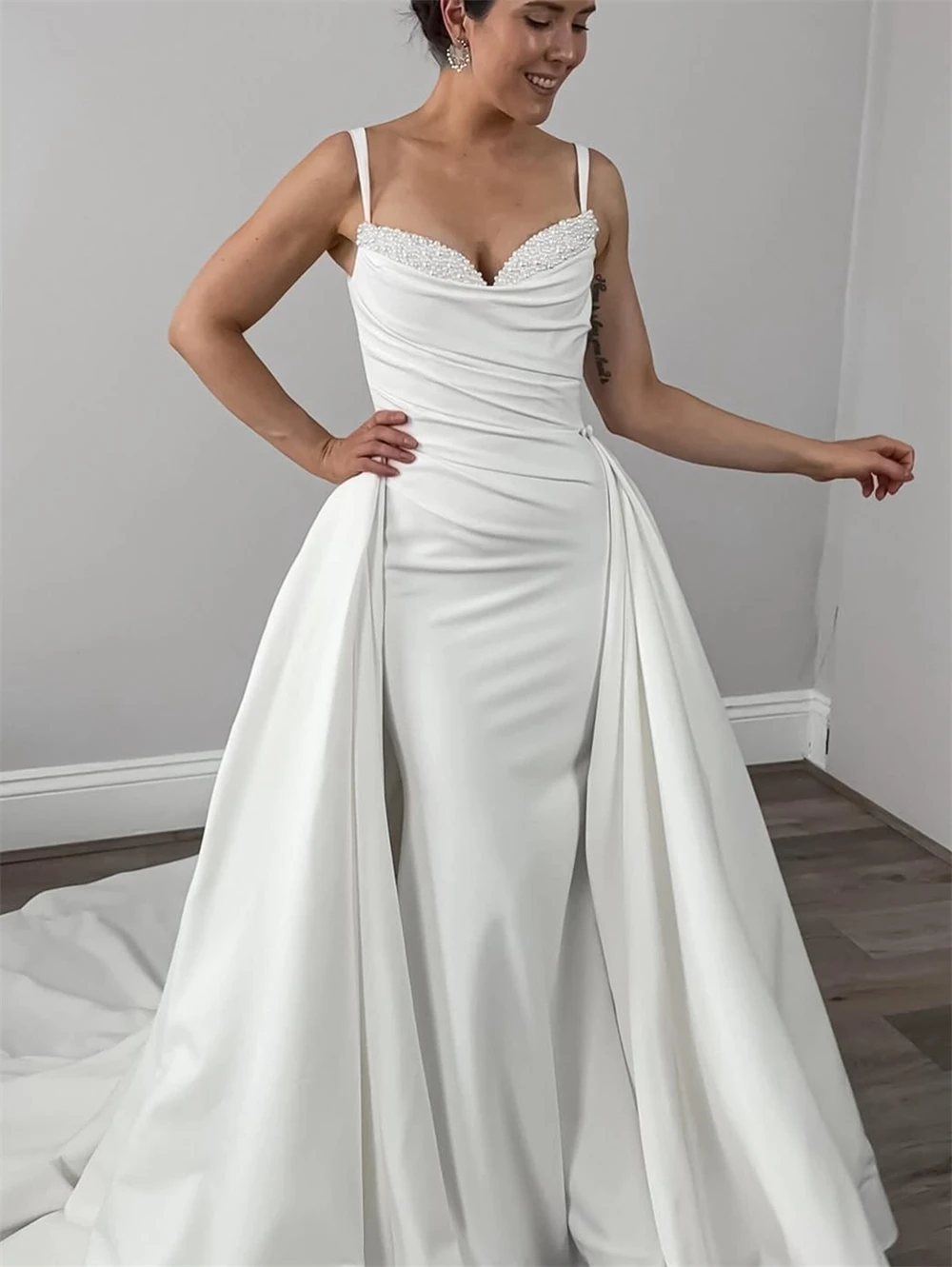 

Customized Elegant White Jersey Wedding Dress Formal Sweetheart Spaghetti Straps Bridal Gowns Soft Straight Vestido De Novia