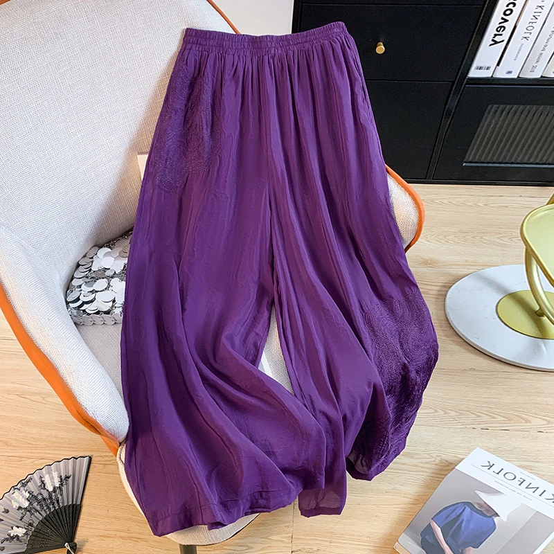 Ele Embroidered High Waist Wide Leg Casual Pants Women's plus Size Straight Cut Faionable Drapey Slimming Trousers