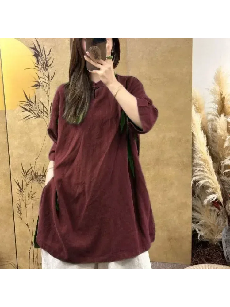 Chemisier en lin à col Mandarin pour femmes, Style chinois, demi-manches, ample, rétro, tunique décontractée