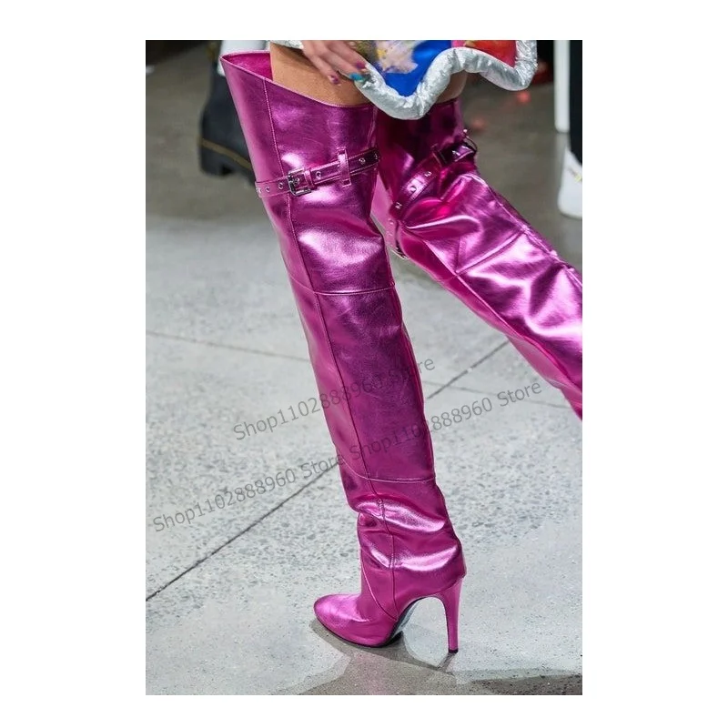 

Over The Knee Metallic Rose Red Belt Buckle Decor Boots Thin High Heel Women Shoes Slip-On Round Toe 2023 Zapatos Para Mujere