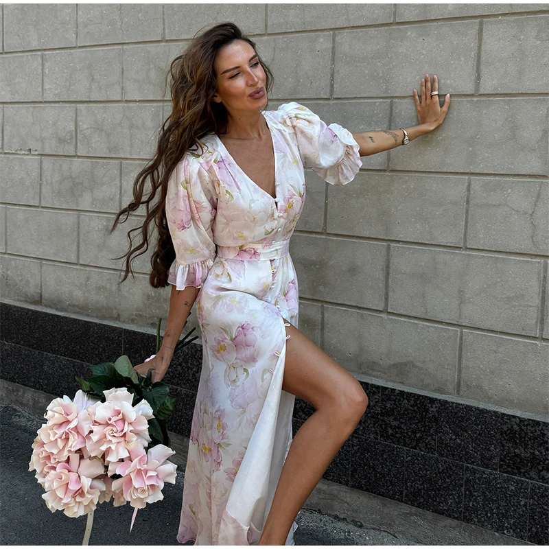 Elegant Ruffle Women's Long Dresses V Neck Half Sleeve Button Waist Cinching Pleated Dress 2026 Spring Lady Fashion Party Robes
