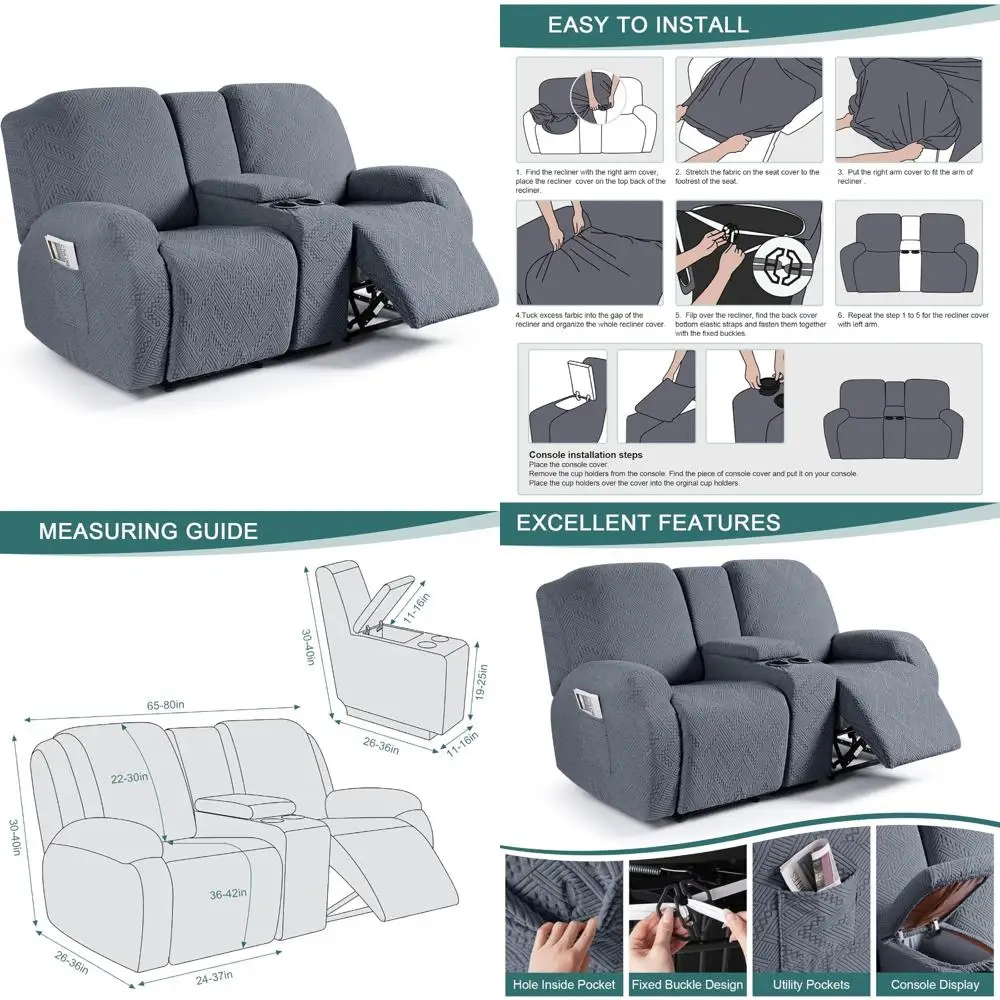 

Loveseat Recliner Covers with Console, 4-Piece Jacquard Reclining Couch Covers with Pockets, Stretch Sofa Covers for Comfort and